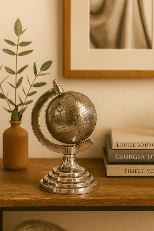 Globo terráqueo plateado